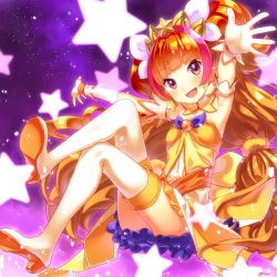 Rule 34 | 1girl, amanogawa kirara, bare shoulders, boots, brown hair, buntan, choker, cure twinkle, dress, earrings, gloves, go! princess precure, jewelry, long hair, magical girl, multicolored hair, open mouth, orange hair, precure, purple eyes, smile, solo, star (symbol), star earrings, starry background, thigh boots, thighhighs, twintails, two-tone hair, white gloves, white thighhighs