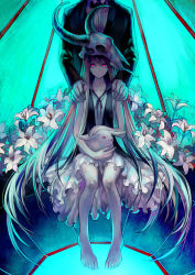 Rule 34 | 1boy, 1girl, animal, bad id, bad pixiv id, barefoot, black jacket, bow, bowtie, closed mouth, collared shirt, commentary, dress, flower, flower request, glowing, glowing eyes, highres, holding, holding animal, jacket, legs together, lily (flower), long hair, looking at viewer, neck ribbon, original, petting, rabbit, red eyes, red ribbon, ribbon, shirt, sitting, skull, solo focus, very long hair, white dress, white flower, wing collar, yamakawa