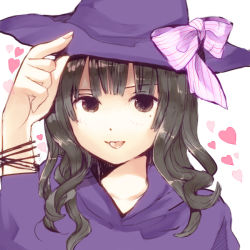 Rule 34 | 1girl, :p, bow, hat, heart, mole, mole under eye, original, solo, tongue, tongue out, witch, witch hat, yoshioka mitsuko