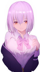 Rule 34 | 1girl, black cardigan, breasts, cardigan, cropped torso, dress shirt, gridman universe, hair between eyes, highres, looking at viewer, medium breasts, open cardigan, open clothes, orange eyes, parted lips, partially unzipped, pink hair, pink neckwear, shinjou akane, shirt, short hair, simple background, sketch, smile, solo, ssss.gridman, tarbo (exxxpiation), upper body, white background, white shirt