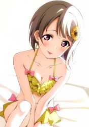 Rule 34 | 1girl, :p, arms between legs, bad id, bad twitter id, bare arms, bare shoulders, bed, bed sheet, bikini, bikini skirt, blush, bow, bow bikini, breasts, breasts squeezed together, cleavage, collarbone, flower, grey hair, hair flower, hair ornament, halterneck, highres, love live!, love live! nijigasaki high school idol club, nakasu kasumi, on bed, pink bow, purple eyes, reno 0901, short hair, sitting, skirt, small breasts, smile, solo, sunflower, swimsuit, tongue, tongue out, yellow bikini, yellow skirt