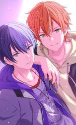 Rule 34 | 2boys, absurdres, aoyagi touya, arm on another&#039;s shoulder, black jacket, blue eyes, blue hair, brown hoodie, collarbone, earrings, grin, hair between eyes, highres, hood, hooded jacket, hoodie, jacket, jewelry, long sleeves, looking at viewer, male focus, mole, mole under eye, multicolored hair, multiple boys, necklace, open clothes, orange hair, project sekai, purple jacket, resolution mismatch, sekina, shinonome akito, shirt, short hair, simple background, smile, source smaller, split-color hair, teeth, upper body, yellow eyes, zipper