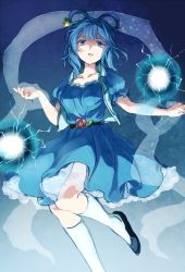 Rule 34 | 1girl, asawa (dm owr), bad id, bad pixiv id, belt, blue dress, blue eyes, blue hair, collarbone, dress, female focus, flower, hair ornament, hair rings, hair stick, kaku seiga, lights, looking at viewer, matching hair/eyes, open clothes, open vest, puffy sleeves, shaded face, shawl, short sleeves, solo, sparks, standing, standing on one leg, touhou, vest
