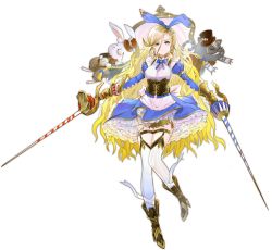 Rule 34 | 1girl, alice (ark order), animal ears, apron, ark order, asymmetrical legwear, back bow, bandaged leg, bandages, blonde hair, blue bow, blue eyes, blue skirt, book, boots, bow, bowtie, braid, brown footwear, cat, center frills, corset, crown, cup, dual wielding, earrings, fake animal ears, fire, food, frilled skirt, frills, full body, garter straps, hat, holding, holding sword, holding weapon, jewelry, juliet sleeves, long hair, long sleeves, looking at viewer, mini crown, mismatched legwear, monocle, official art, pocket watch, pppppan, puffy sleeves, rabbit, rabbit ears, shirt, skirt, solo, spade (shape), striped clothes, striped thighhighs, sword, tachi-e, thigh strap, thighhighs, top hat, transparent background, vertical-striped clothes, vertical-striped thighhighs, very long hair, watch, weapon, white apron, white bow, white shirt