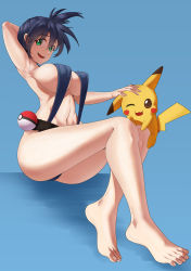 Rule 34 | 1girl, abs, absurdres, adapted costume, armpits, asymmetrical hair, bare arms, bare legs, belt, black hair, breasts, cowboy shot, creatures (company), game freak, gen 1 pokemon, green eyes, gym leader, highres, huge breasts, large breasts, legs, misty (pokemon), nintendo, nipples, pikachu, poke ball, pokemon, pokemon: the electric tale of pikachu, pokemon (creature), ponytail, short hair, side ponytail, simple background, smile, solo, spread legs, swimsuit, thick thighs, thighs, tsa, wide hips