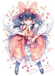 Rule 34 | 1girl, artist name, ascot, azuma aya, black footwear, black hair, blush, bow, cherry blossom print, closed mouth, commentary request, detached sleeves, falling petals, floral print, frilled bow, frilled hair tubes, frilled skirt, frills, full body, hair bow, hair tubes, hakurei reimu, long hair, long sleeves, looking at viewer, mary janes, nontraditional miko, ofuda, petals, print skirt, red bow, red eyes, red skirt, red vest, ribbon-trimmed sleeves, ribbon trim, shoes, sidelocks, simple background, skirt, smile, socks, solo, touhou, touhou danmaku kagura, vest, white background, white socks, yellow ascot