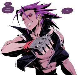 Rule 34 | 1boy, abs, antenna hair, coldsteel the hedgehog, colored skin, ear piercing, english text, fang, fingerless gloves, gloves, grin, highres, humanization, jacket, male focus, meme, open clothes, open jacket, piercing, pikat, purple hair, purple skin, red eyes, simple background, sleeveless, smile, solo, sonic (series), thumbs up, typo, white background, zipper