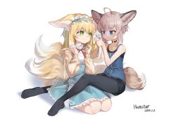 Rule 34 | 2girls, absurdres, adjusting another&#039;s hair, ahoge, animal ear fluff, animal ears, arknights, black choker, black pantyhose, blonde hair, blue eyes, chinese commentary, choker, commentary request, dated, fox ears, fox girl, fox tail, green eyes, grey hair, hair between eyes, hairband, highres, kitsune, kyuubi, long hair, long sleeves, looking at another, multiple girls, multiple tails, official alternate costume, pantyhose, seiza, short hair, short hair with long locks, sidelocks, simple background, sitting, sitting on person, sleeveless, sussurro (arknights), suzuran (arknights), suzuran (spring praise) (arknights), tail, whitemaus