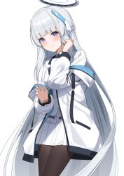 Rule 34 | 1girl, absurdres, black pantyhose, blue archive, blue necktie, blush, closed mouth, collared shirt, cowboy shot, enpido, grey hair, highres, jacket, long hair, long sleeves, necktie, noa (blue archive), open clothes, open jacket, pantyhose, pleated skirt, purple eyes, shirt, simple background, skirt, smile, solo, white background, white jacket, white shirt, white skirt