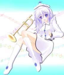 Rule 34 | 1girl, :d, beamed quavers, blue eyes, blue hair, female focus, hat, instrument, matching hair/eyes, merlin prismriver, musical note, open mouth, quaver, shirotsuki kouta, smile, solo, staff (music), touhou, treble clef, trumpet