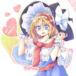 Rule 34 | 1girl, alice margatroid, alternate headwear, black headwear, blonde hair, blue dress, blue eyes, blue pupils, blush, bow, capelet, commentary, dondyuruma, dress, frilled capelet, frilled cuffs, frilled hairband, frilled hat, frilled neckwear, frills, hairband, hands on headwear, hat, heart, lolita hairband, looking at viewer, necktie, open mouth, red hairband, red sash, sash, short hair, smile, solo, touhou, white bow, white capelet, witch hat, wrist cuffs