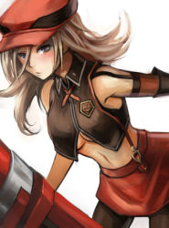 Rule 34 | 10s, 1girl, alisa ilinichina amiella, blue eyes, boots, breasts, cabbie hat, elbow gloves, fingerless gloves, gloves, god eater, hat, long hair, looking at viewer, navel, nyaasora, pantyhose, plaid, silver hair, simple background, skirt, solo, suspender skirt, suspenders, thigh boots, thighhighs, underboob, white background