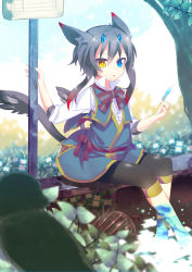 Rule 34 | 1girl, absurdres, animal ears, bad id, bad pixiv id, bench, black hair, blurry, bow, cat ears, cat tail, depth of field, feathers, heterochromia, highres, holding, horns, looking at viewer, multiple tails, nyori, original, short hair, sign, sitting, solo, tail