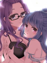 Rule 34 | 00mikkyway00 (darowaiyo), 2girls, armband, bangs pinned back, black bra, blue bra, blue eyes, bra, breasts, cleavage, closed mouth, collarbone, commentary request, glasses, hair ribbon, hand on another&#039;s chest, kagamihara sakura, large breasts, long hair, multiple girls, parted lips, purple hair, ribbon, shima rin, sidelocks, simple background, small breasts, smile, underwear, upper body, wavy hair, white background, yuri, yurucamp