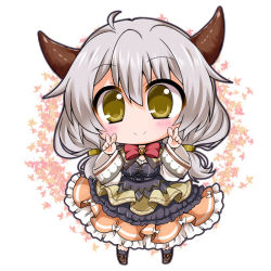 Rule 34 | 10s, 1girl, bad id, bad pixiv id, blush, breasts, chibi, double v, draph, dress, frilled dress, frills, granblue fantasy, hair between eyes, horns, kumuyu, leaf, leaf background, long hair, long sleeves, looking at viewer, maple leaf, noai nioshi, ribbon, silver hair, simple background, smile, solo, twintails, v, wide sleeves, yellow eyes