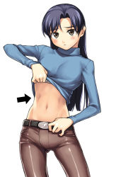 Rule 34 | 00s, 1girl, abs, arrow (symbol), belt, blue hair, bra, brown eyes, clothes lift, hand on own hip, hip focus, idolmaster, idolmaster (classic), idolmaster 1, kisaragi chihaya, lingerie, midriff, navel, pants, shirt lift, solo, tanaka shoutarou, tight clothes, tight pants, turtleneck, underwear