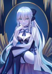 Rule 34 | 1girl, black bow, black dress, black thighhighs, blue eyes, blue ribbon, bow, braid, breasts, cleavage, commentary request, crossed legs, dress, fate/grand order, fate (series), french braid, hair between eyes, hair bow, hand on own chin, highres, long hair, looking at viewer, medium breasts, morgan le fay (fate), neck ribbon, pale skin, parted lips, ponytail, ribbon, sidelocks, sii artatm, silver hair, sitting, smile, solo, teeth, thighhighs, throne, two-tone dress, very long hair, white dress, wide sleeves