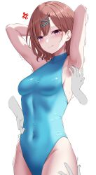 Rule 34 | 1girl, anger vein, armpits, blue one-piece swimsuit, breasts, brown hair, commentary request, commission, covered navel, cowboy shot, disembodied limb, hibika, highres, higuchi madoka, idolmaster, idolmaster shiny colors, mole, mole under eye, one-piece swimsuit, purple eyes, short hair, simple background, skeb commission, small breasts, solo, sweater, swept bangs, swimsuit, tickling, tickling armpits, tickling legs, tickling sides, trembling, turtleneck, white background