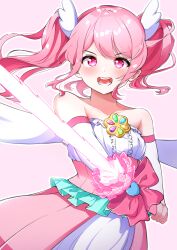 Rule 34 | 1girl, bang dream!, blush, collarbone, dress, highres, holding, holding weapon, long hair, looking at viewer, maruyama aya, mnemo (mnemorikriyairo), off-shoulder dress, off shoulder, open mouth, pink background, pink eyes, pink hair, sidelocks, simple background, solo, swept bangs, twintails, weapon