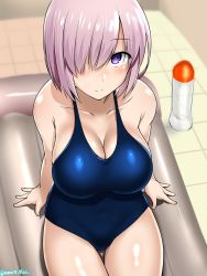 Rule 34 | 1girl, alternate costume, arm support, blush, breasts, cleavage, collarbone, fate/grand order, fate (series), hair over one eye, highres, large breasts, light purple hair, looking at viewer, mash kyrielight, one-piece swimsuit, purple eyes, shiny skin, sitting, smile, swimsuit, tomato rice