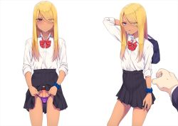Rule 34 | 2boys, bag, bar censor, black skirt, blonde hair, blue eyes, bow, bowtie, censored, closed mouth, clothes lift, commentary request, dark-skinned male, dark skin, dress shirt, embarrassed, erection, eyes visible through hair, flashing, frown, gyaruo, hair over one eye, high-waist skirt, hokuro ryuuseigun, lifted by self, looking at viewer, male focus, medium hair, multiple boys, multiple views, original, panties, parted lips, penis, penis in panties, pleated skirt, pov, pov hands, precum, purple panties, red bow, red bowtie, school bag, school uniform, scrunchie, shirt, shoulder bag, simple background, skirt, skirt lift, small penis, standing, sweatdrop, thong, trap, tsurime, underwear, white background, white shirt, wrist scrunchie