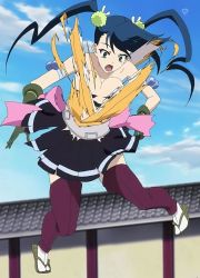 Rule 34 | armband, black hair, blue sky, breasts, cloud, exploding clothes, gloves, green eyes, hair ornament, hibachi (mushibugyou), highres, mushibugyou, outdoors, sandals, screencap, sky, surprised, tearing clothes, torn clothes, twintails