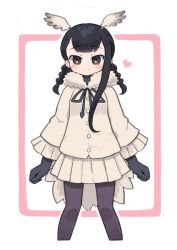 Rule 34 | 1girl, absurdres, black-headed ibis (kemono friends), black gloves, black hair, black pantyhose, black ribbon, blush, braid, brown eyes, closed mouth, commission, frilled sleeves, frills, fur-trimmed jacket, fur trim, gloves, grey jacket, grey skirt, grey wings, head wings, heart, highres, jacket, kemono friends, kibisake, long sleeves, looking at viewer, low twintails, neck ribbon, outline, pantyhose, pink background, pleated skirt, ribbon, skeb commission, skirt, smile, solo, twin braids, twintails, two-tone background, white background, white outline, wide sleeves, wings