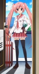 Rule 34 | 1girl, female focus, full body, hidan no aria, highres, kanzaki h. aria, luggage, pink eyes, pink hair, pleated skirt, rolling suitcase, school uniform, screencap, shoes, skirt, solo, standing, stitched, suitcase, thighhighs, third-party edit, twintails