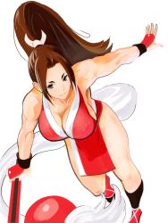 Rule 34 | 1girl, bare shoulders, breasts, brown eyes, brown hair, cleavage, closed mouth, fatal fury, folded fan, folding fan, hand fan, highres, japanese clothes, large breasts, long hair, looking at viewer, meke (77842928), ninja, pelvic curtain, ponytail, revealing clothes, shiranui mai, smile, snk, solo, the king of fighters, thighs