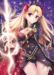 Rule 34 | 1girl, arm behind back, between breasts, blonde hair, blush, breasts, cape, cleavage, closed mouth, commentary request, earrings, ereshkigal (fate), fate/grand order, fate (series), glowing, glowing weapon, gluteal fold, hair ribbon, highres, holding, holding weapon, jewelry, long hair, nano (syoutamho), parted bangs, red eyes, red ribbon, ribbon, skull, sky, solo, sparkle, star (sky), starry sky, thigh gap, tiara, tohsaka rin, twintails, two side up, weapon