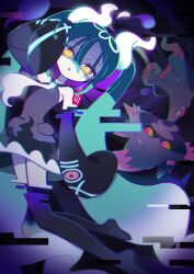 Rule 34 | 1girl, absurdres, aqua hair, bare shoulders, black thighhighs, creatures (company), detached sleeves, game freak, gaogao (gaogaomegu), gen 4 pokemon, ghost, ghost miku (project voltage), glitch, grey shirt, hair between eyes, hatsune miku, highres, long hair, mismagius, necktie, nintendo, pale skin, pokemon, pokemon (creature), project voltage, see-through, see-through skirt, shirt, skirt, sleeves past fingers, sleeves past wrists, thighhighs, twintails, upside-down, very long hair, vocaloid, will-o&#039;-the-wisp (mythology), yellow eyes