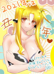 Rule 34 | 1girl, 2021, absurdres, animal ears, animal print, artist name, bare shoulders, bikini, blonde hair, breasts, chinese zodiac, cleavage, commentary request, covering privates, covering breasts, cow ears, cow horns, cow print, cropped torso, crossed arms, fate testarossa, floral background, frown, hair over shoulder, highres, horns, large breasts, leonis g, long hair, looking at viewer, lyrical nanoha, mahou shoujo lyrical nanoha, mahou shoujo lyrical nanoha strikers, new year, parted bangs, print bikini, red eyes, signature, solo, strapless, strapless bikini, sweatdrop, swimsuit, translation request, white bikini, year of the ox