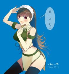 Rule 34 | 10s, 1girl, :d, bare shoulders, black thighhighs, blue background, brown eyes, brown hair, dated, detached sleeves, eyes visible through hair, green skirt, heart, jpeg artifacts, kantai collection, long hair, looking at viewer, maid headdress, midriff, ooi (kancolle), open mouth, salute, school uniform, serafuku, side slit, simple background, skirt, skirt set, smile, solo, tebi (tbd11), thighhighs