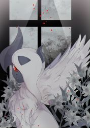 Rule 34 | absol, absurdres, animal focus, asymmetrical hair, bad id, bad pixiv id, bush, chromatic aberration, creatures (company), feathered wings, flower, from side, game freak, gen 3 pokemon, glowing, glowing eyes, grass, grey flower, hair over one eye, highres, indoors, light rays, lily (flower), long hair, looking at viewer, mega absol, mega pokemon, muted color, nintendo, no humans, one eye covered, parted lips, pokemon, pokemon (creature), red eyes, shiro hinageshi, sitting, solo, teeth, upper body, white hair, white wings, window, wings