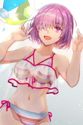 Rule 34 | 1girl, ball, bare shoulders, beachball, bikini, blush, breasts, cleavage, collarbone, fate/grand order, fate (series), hair over one eye, highres, large breasts, light purple hair, mash kyrielight, mash kyrielight (swimsuit of perpetual summer ver.02), navel, official alternate costume, open mouth, purple eyes, rainbow bikini, rokuo016, see-through, short hair, smile, striped bikini, striped clothes, swimsuit