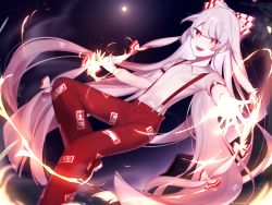 Rule 34 | 1girl, arm up, artist name, bow, collar, collared shirt, eyes visible through hair, fire, flying, fujiwara no mokou, hair between eyes, hair bow, hands up, highres, long hair, long sleeves, looking at viewer, moon, mountain, multicolored bow, nemachi, night, night sky, open mouth, pants, puffy sleeves, red bow, red eyes, red footwear, red pants, shirt, shoes, silver hair, sky, smile, sneakers, solo, touhou, very long hair, white bow, white collar, white shirt, white sleeves
