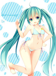 Rule 34 | 1girl, :d, absurdres, ahoge, barefoot, bikini, breasts, fang, front-tie top, green eyes, green hair, hand on own hip, hatsune miku, highleg, highleg bikini, highres, jyt, long hair, looking at viewer, nail polish, navel, open mouth, project diva (series), side-tie bikini bottom, small breasts, smile, solo, standing, standing on one leg, striped bikini, striped clothes, swimsuit, thigh gap, twintails, very long hair, vocaloid, waving