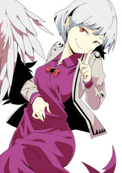 Rule 34 | 1girl, brooch, collared dress, dress, feathered wings, finger to face, grin, jacket, jewelry, kishin sagume, long dress, long sleeves, looking at viewer, peptide, purple dress, red eyes, short hair, single wing, smile, solo, suit jacket, touhou, white background, white hair, white jacket, wings