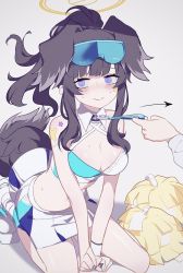 Rule 34 | 1girl, 1other, animal ears, ba fed kitaku, bare shoulders, bikini, black hair, blue archive, blush, breasts, cheerleader, clothes pull, crop top, dog ears, dog girl, dog tail, eyewear on head, goggles, goggles on head, gradient background, halo, hibiki (blue archive), hibiki (cheer squad) (blue archive), kneeling, long hair, looking to the side, medium breasts, midriff, millennium cheerleader outfit (blue archive), miniskirt, navel, out of frame, pleated skirt, pom pom (cheerleading), pulling another&#039;s clothes, sitting, skirt, solo focus, sticker on face, sunglasses, swimsuit, tail