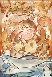 Rule 34 | !, :d, animal ears, bad id, bad pixiv id, blush, brown hair, cat, cat ears, cat tail, commentary request, crab, closed eyes, fangs, fish, fish bone, halo, hand fan, happy, lying, mouth hold, on back, open mouth, original, own hands together, paper fan, sakata kaname, saury, short hair, smile, solo, squid, sweat, sweatdrop, tail, uchiwa