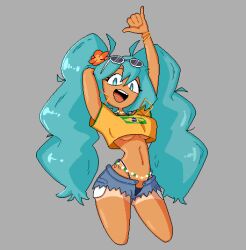 Rule 34 | 1girl, arms up, bead choker, belly chain, bikini, bikini under clothes, brazilian flag print, brazilian miku, breasts, bug boye, cowboy shot, eyewear on head, grey background, hatsune miku, jewelry, midriff, navel, no nose, pixel art, print shirt, shaka sign, shirt, short sleeves, shorts tan, simple background, solo, sunglasses, swimsuit, tan, tanline, underboob, vocaloid, yellow shirt