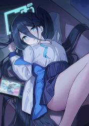 Rule 34 | 1girl, absurdres, aris (blue archive), black hair, blue archive, blue eyes, blue necktie, bright pupils, collared shirt, couch, hair between eyes, halo, hido (cherryhido), highres, indoors, jacket, long hair, looking at viewer, lying, multicolored clothes, multicolored jacket, necktie, on couch, one side up, pleated skirt, ringed eyes, shirt, skirt, undone necktie, very long hair, white pupils