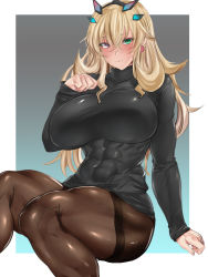 Rule 34 | 1girl, abs, blonde hair, breasts, earrings, barghest (fate), fate/grand order, fate (series), green eyes, hairband, heterochromia, highres, huge breasts, impossible clothes, jewelry, koucha indian, long hair, muscular, muscular female, pantyhose, red eyes, sitting, solo, sweater, turtleneck, turtleneck sweater