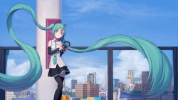 Rule 34 | 1girl, absurdly long hair, absurdres, against pillar, apartment, aqua eyes, aqua hair, aqua necktie, bare shoulders, black skirt, black sleeves, black thighhighs, blue sky, building, cityscape, cloud, commentary, detached sleeves, floating hair, grin, hair ornament, hatsune miku, hatsune miku (vocaloid4), headphones, highres, holding, holding headphones, long hair, looking at viewer, making-of available, miniskirt, necktie, outdoors, scenery, shirt, skirt, sky, skyscraper, sleeveless, sleeveless shirt, smile, solo, standing, thighhighs, turu, twintails, v4x, very long hair, vocaloid, white shirt, zettai ryouiki
