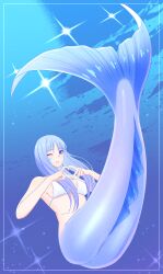 Rule 34 | 1girl, absurdres, bikini, bikini top only, blue eyes, blue hair, breasts, commentary request, fins, full body, heart, heart hands, highres, kiria021, large breasts, long hair, looking at viewer, mermaid, monster girl, one eye closed, original, smile, solo, sparkle, swimsuit, underwater, white bikini
