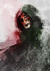 Rule 34 | 1boy, abstract, cloak, closed mouth, facial tattoo, frown, green cloak, highres, hood, hooded cloak, looking at viewer, male focus, monkey d. dragon, nose, one piece, portrait, rasutoman, red eyes, solo, splatter, tattoo, two-tone cloak, white background