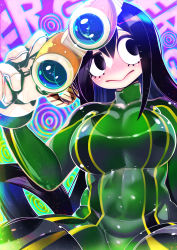 Rule 34 | 1girl, asui tsuyu, black eyes, black hair, bodysuit, boku no hero academia, boots, breasts, closed mouth, face paint, goggles, goggles on head, green bodysuit, hakkasame, highres, large breasts, looking to the side, matching hair/eyes, purple background, sidelocks, solo, thigh boots, thighhighs