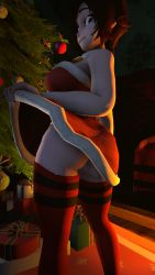 Rule 34 | 1girl, 3d, absurdres, ass, bare shoulders, bell, black hair, breasts, christmas, christmas ornaments, christmas tree, clothes lift, dress, dress lift, epiccino, fur trim, gift, grey eyes, hat, highres, looking at viewer, medium breasts, red dress, ruby rose, rwby, santa costume, santa hat, short hair, smile, solo, thighhighs