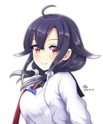 Rule 34 | 1girl, ahoge, animal print, apron, commentary request, fish print, gradient hair, hair flaps, highres, kantai collection, long hair, looking at viewer, low twintails, multicolored hair, neckerchief, one-hour drawing challenge, purple hair, red eyes, red neckerchief, school uniform, serafuku, simple background, solo, taigei (kancolle), tk8d32, twintails, upper body, whale, whale print, white background