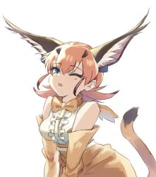Rule 34 | 1girl, animal ear fluff, animal ears, azuma 11 ma, blouse, blue eyes, bow, bowtie, brown gloves, brown neckwear, brown skirt, caracal (kemono friends), center frills, commentary request, elbow gloves, extra ears, fang, frills, gloves, half-closed eye, high-waist skirt, highres, kemono friends, light brown hair, looking at viewer, medium hair, one eye closed, open mouth, shirt, simple background, skin fang, skirt, sleeveless, sleeveless shirt, solo, tail, traditional bowtie, white background, white shirt